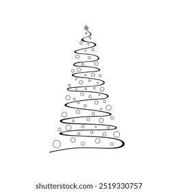A marker-drawn Christmas tree with a star and toys isolated on a white background. Black and white graphic linear illustration in the style of a doodle, comic book. An element for a holiday, greetings