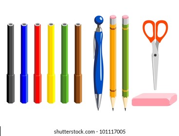 markers, ballpoint, pencils, rubber and scissors on white background