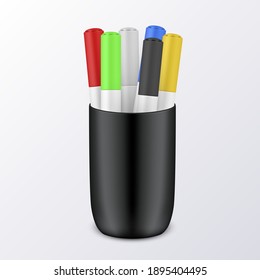 Markers in black plastic cup. Felt or fibre-tip pens colorful set for drawing. Stationery for children, sketcher, drawing artist. Writing tools. Vector markers isolated on grey.