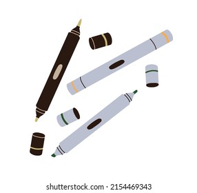 Markers, felt tip pens. Fine liners with caps, sharp double ends. Drawing items for sketching, writing. Art supplies, stationery. Flat vector illustration isolated on white background