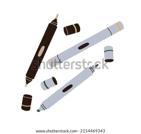 Markers, felt tip pens. Fine liners with caps, sharp double ends. Drawing items for sketching, writing. Art supplies, stationery. Flat vector illustration isolated on white background