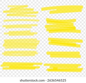 Markers lines, underline, highlighters. Straight, wavy, dashed, curved, twisted and other lines and highlighters for marking, underlining and highlighting made with a pen, marker. Vector graphic set