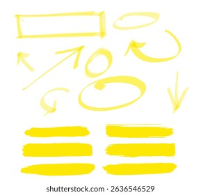 Markers lines, underline, highlighters. Straight, wavy, dashed, curved, twisted and other lines and highlighters for marking, underlining and highlighting made with a pen, marker. Vector graphic set