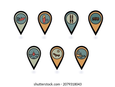 Markierungen zur Kennzeichnung von Routenpunkten auf der Karte. Geolokationsnadeln. Unterhaltung. Angeln, Skifahren, Scooter, Boot, Strand, Surfen, Pier. Für Anwendungen, Video, Drucken