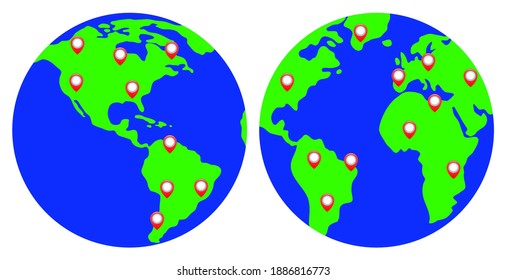 Markers on the image of the planet Earth.