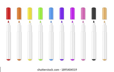 Markers open colorful realistic supplies set. Felt or fibre-tip, highlighter pens with lids. Stationery for drawing, sketching, bullet journal, coloring book. Vector markers isolated on white.