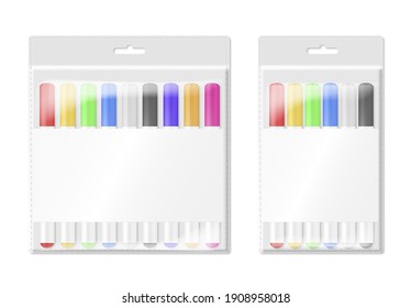 Markers are in package large and small sets in realistic style. Combination of drawing, writing, lettering tools for children, artists. Vector markers illustration isolated on white background.