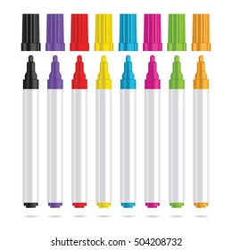 Markers pen. Set of eight color markers. Vector illustration.