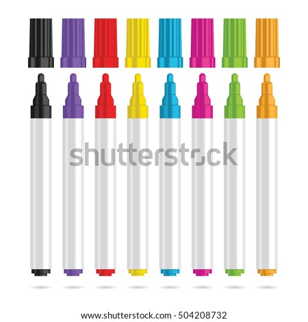 Markers pen. Set of eight color markers. Vector illustration.