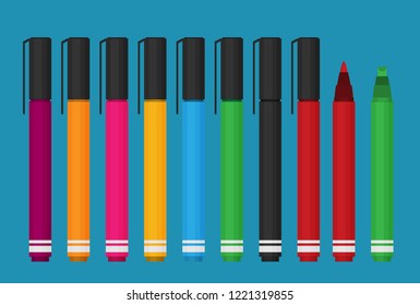Markers pen set. Flat style vector illustration