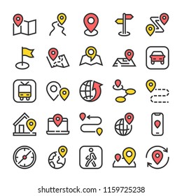 Markers, point and navigation icons set. Line style