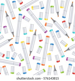 Markers seamless pattern, art background. Realistic multicolored professional art marker on white backdrop. Vector art supplies, materials for wallpaper design, wrapper, cover, decoration