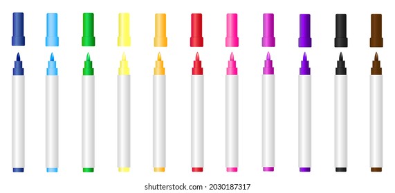 Markers. A set of colorful, multi-colored markers.
Realistic bright pens for drawing on paper. Children's pencils, collection of different colors. Underline and highlight text.
Vector illustration.
