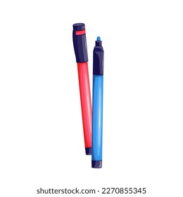 Markers set vector illustration. Cartoon isolated two plastic blue and red marker pens with felt tips, highlighters with open and closed caps to draw and mark, write and highlight text on paper