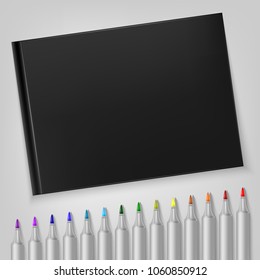 Markers with sketchbook. Template for your illustration. Vector illustration.