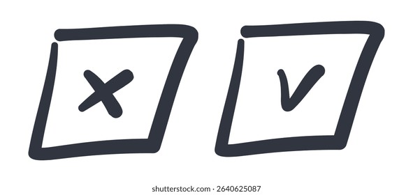 Marker-style square checkbox icons with tick and cross symbols. Perfect for interface design, lists, forms, selection, or business slides. Handdrawn vector on white background.
