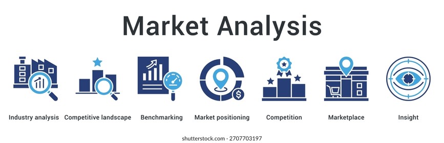 O ícone da Web banner de análise de mercado examina o setor e o cenário competitivo por meio de benchmarking para posicionar insights.