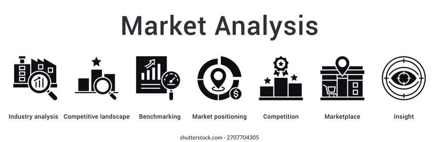 O ícone da Web banner de análise de mercado examina o setor e o cenário competitivo por meio de benchmarking para posicionar insights.