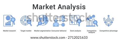 Market analysis banner web icon examines target market segmentation and consumer behavior through competitive advantage assessment.