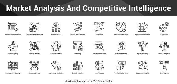 Análise de Mercado e Inteligência Competitiva Conjunto coeso de ícones vetoriais minimalistas representando ideias-chave com clareza visual
