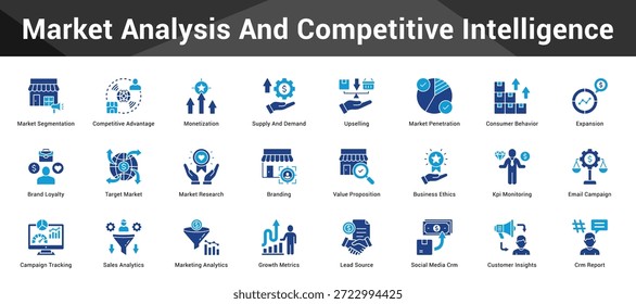 Análise de Mercado e Inteligência Competitiva Conjunto coeso de ícones vetoriais minimalistas representando ideias-chave com clareza visual