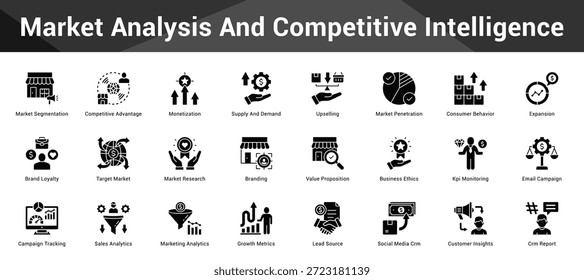 Análise de Mercado e Inteligência Competitiva Conjunto coeso de ícones vetoriais minimalistas representando ideias-chave com clareza visual