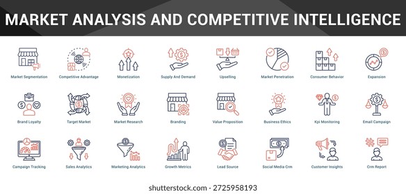 Análise de Mercado e Inteligência Competitiva Conjunto coeso de ícones vetoriais minimalistas representando ideias-chave com clareza visual