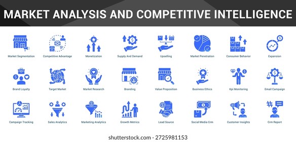 Análise de Mercado e Inteligência Competitiva Conjunto coeso de ícones vetoriais minimalistas representando ideias-chave com clareza visual