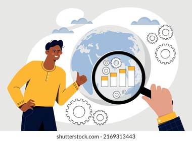 Market analysis concept. Guy analyzes rocket graphs, diagrams and charts, international trade and various markets. Financial literacy, remote worker or analyst. Cartoon flat vector illustration