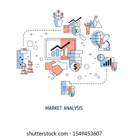 Market analysis concept with icons. Marketing technology. Vector illustration.