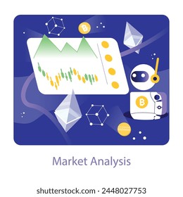 Concepto de análisis de mercado. Trading bot analiza los mercados de criptomonedas con una visualización dinámica de gráficos y tendencias, esencial para las decisiones comerciales estratégicas. Ilustración vectorial.
