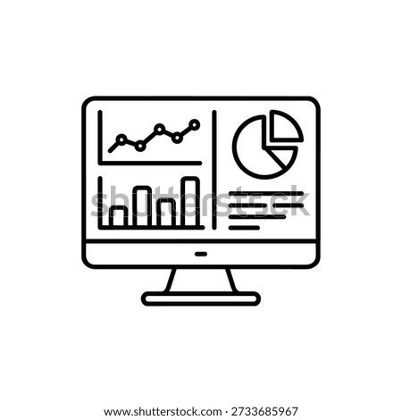 Market analysis dashboard with charts on computer monitor black and white vector icon