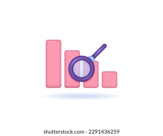 Market analysis or data analysis. recognize descending chart patterns. decrease revenue, profits, and sales. column charts and magnifying glass. symbols or icons. 3D and realistic design. vector