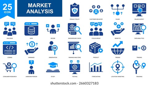 Market Analysis and Market Forecast Icon Set-Sammlung. Einfache Glyphenfarbenvektor