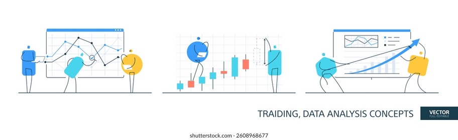 Market analysis, forex trading illustrations set in thin line style. Financial data dashboard abstract linear vector design concepts. Stock graph chart flat icons. Tiny geometric people team.