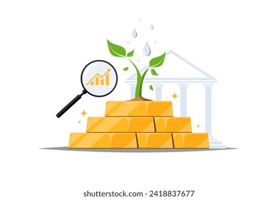 Marktanalyse des Goldbarren-Konzepts, Goldbarren mit wachsenden Pflanzen auf isoliertem Hintergrund, Digital Marketing Illustration.