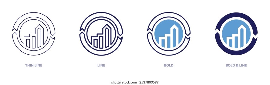 Market analysis icon in 4 different styles. Thin Line, Line, Bold, and Bold Line. Duotone style. Editable stroke.