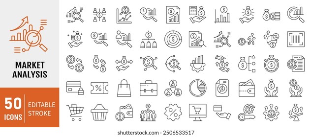 Conjunto de colecciones de iconos de análisis de mercado. Contiene segmentación, tendencias, datos, ventas, icono de análisis. Ilustración vectorial