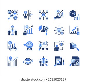 Market analysis icon collection set. Containing segmentation, trends, penetration, buyer personas, data, sales, analysis icon. Simple flat vector.