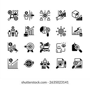 Market analysis icon collection set. Containing segmentation, trends, penetration, buyer personas, data, sales, analysis icon. Simple flat vector.