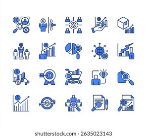 Market analysis icon collection set. Containing segmentation, trends, penetration, buyer personas, data, sales, analysis icon. Simple line vector.