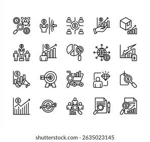 Market analysis icon collection set. Containing segmentation, trends, penetration, buyer personas, data, sales, analysis icon. Simple line vector.