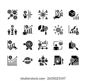 Market analysis icon collection set. Containing segmentation, trends, penetration, buyer personas, data, sales, analysis icon. Simple flat vector.