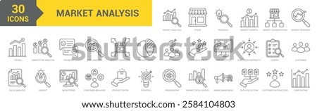 Market Analysis icon collection set. Containing market research, growth, segmentation, customer centricity, trends, sales, insight, data, competitor analysis, strategy, market icon. Simple line vector