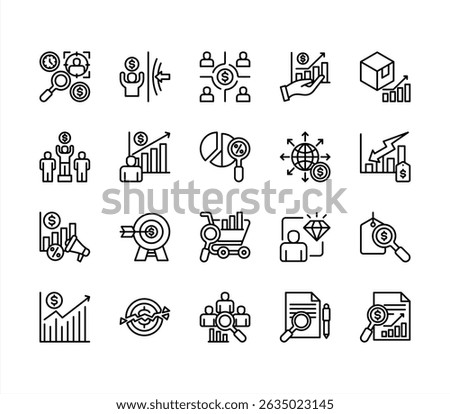 Market analysis icon collection set. Containing segmentation, trends, penetration, buyer personas, data, sales, analysis icon. Simple line vector.