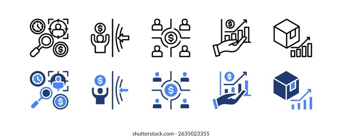 Market analysis icon set with Buyer Persona, Resilience, Customer, Investment, Product Development,