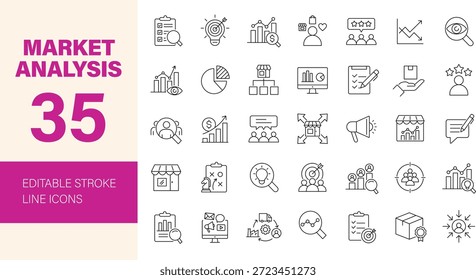 Conjunto de iconos de análisis de mercado. Contiene investigación, tendencia, informe, visión, gráfico, pronóstico, negocios, marketing, estrategia, crecimiento, rendimiento y más. Iconos de línea editables. Ilustración vectorial.
