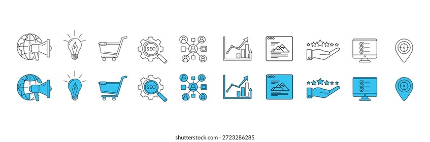 Symbolsatz für die Marktanalyse. Umriss mit globalem Marketing, Wachstum, Teamarbeit, Feedback, mit blauem Akzent Forschung, Trends, Einblick, Daten, Produktivität, Marketing, Strategie, Vektorgrafik Silhouette.