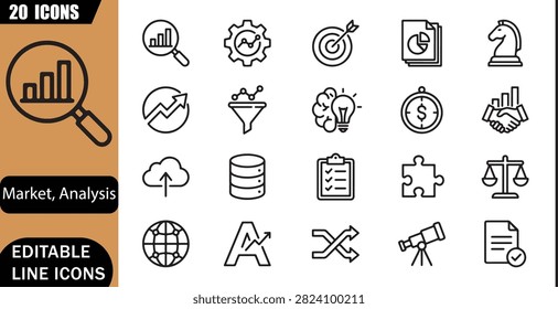 Market analysis icons set, 20 editable line art icons set, analytics, research, business strategy, competition, trends, insights, data report, market research theme style, clean outline vector