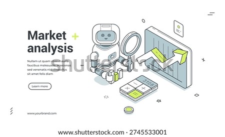 Market analysis isometric banner. Robot with magnifier analyzes financial data for business growth. Modern web template vector illustration for a landing page and analytics service